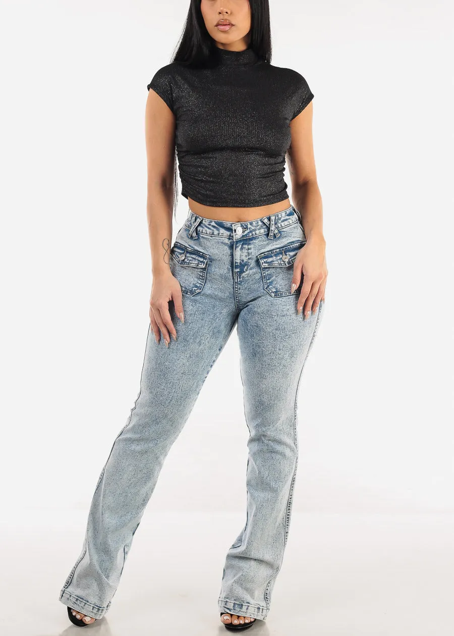 Short Sleeve Mock Neck Glittery Crop Top Black sold by Moda product image thumbnail 2