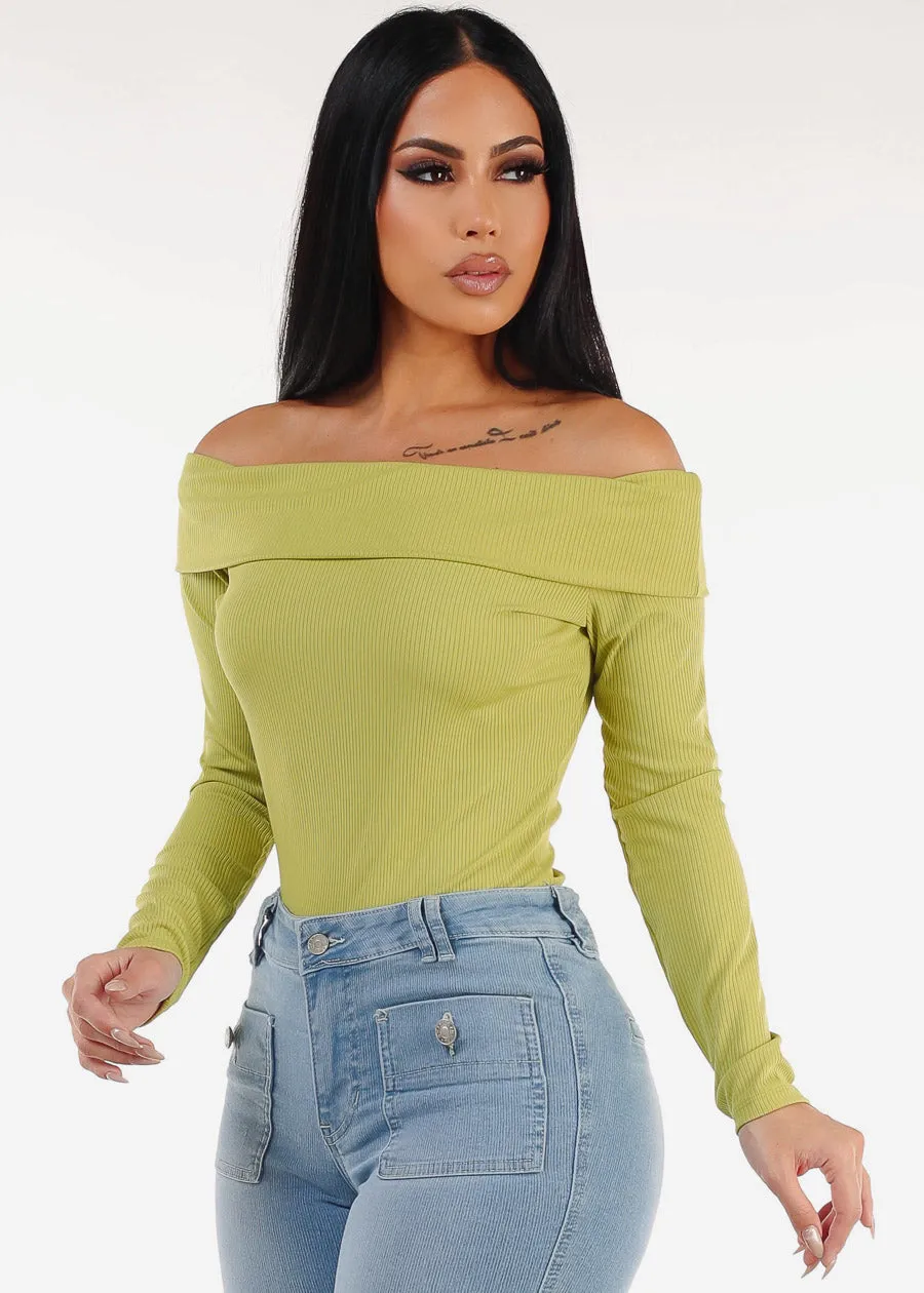 Off Shoulder Long Sleeve Top Light Green sold by Moda
