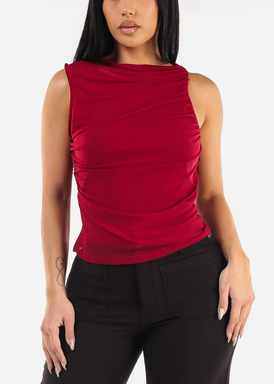 Sleeveless Crewneck Ruched Mesh Blouse Dark Red sold by Moda product image thumbnail 3