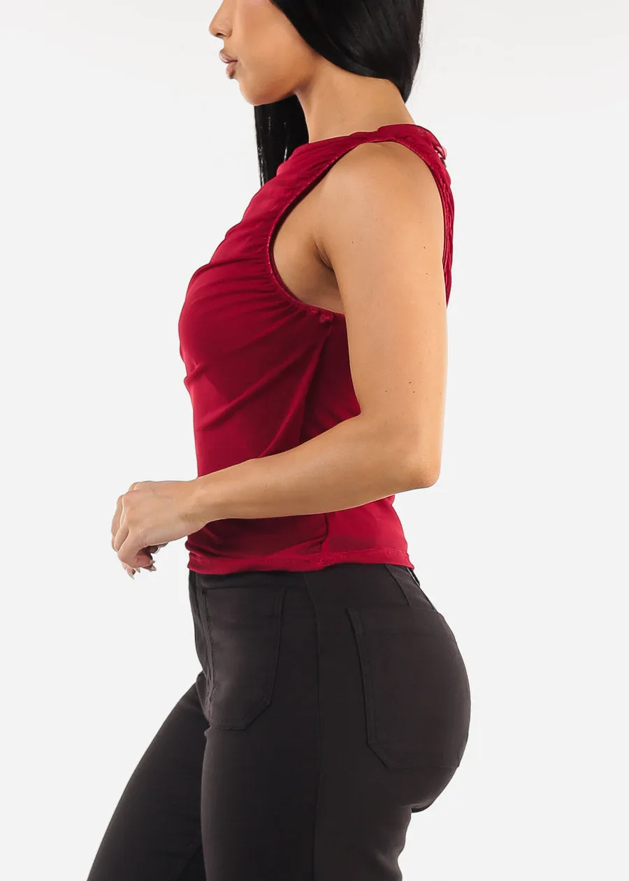 Sleeveless Crewneck Ruched Mesh Blouse Dark Red sold by Moda product image thumbnail 4