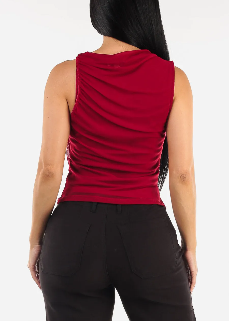 Sleeveless Crewneck Ruched Mesh Blouse Dark Red sold by Moda product image thumbnail 5