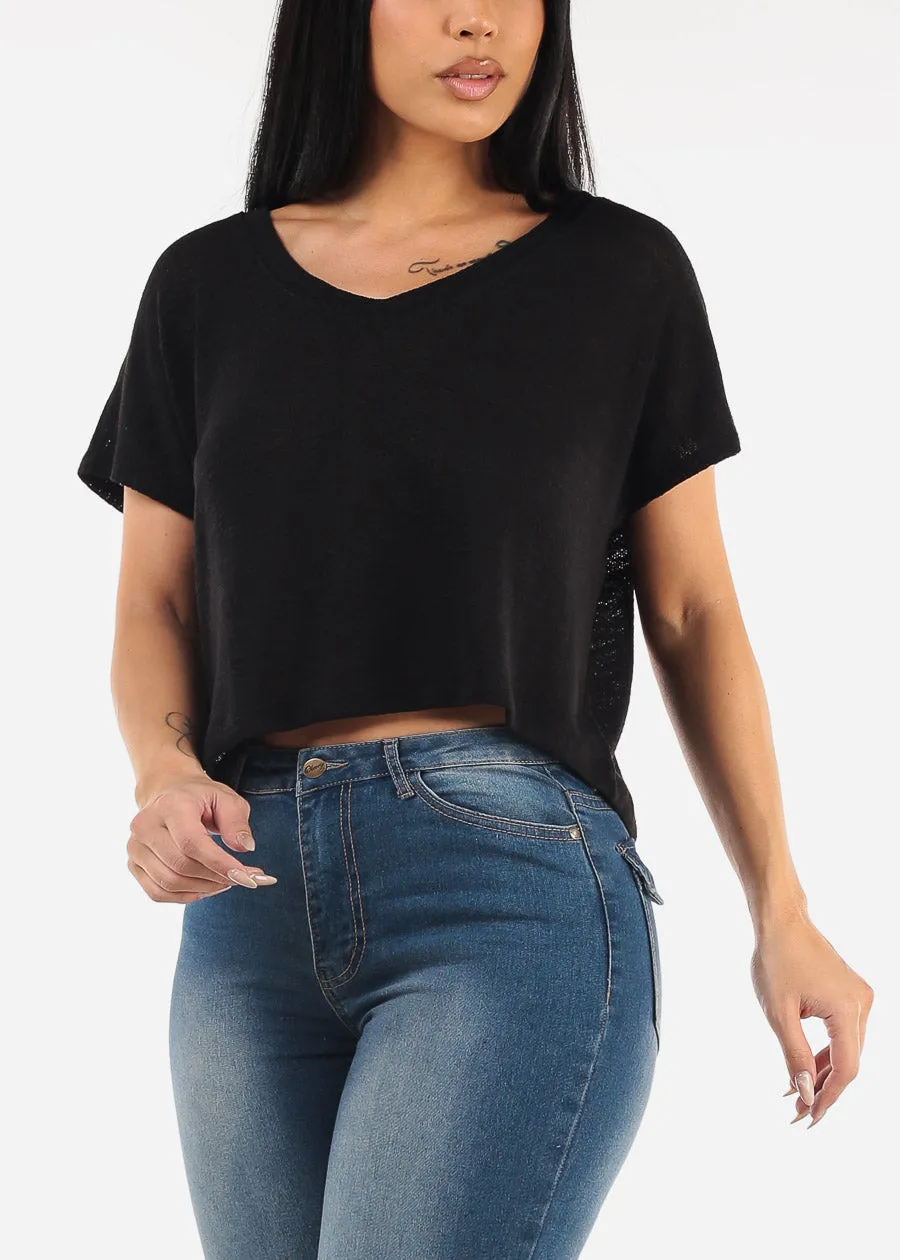 Vneck Short Sleeve Knit Crop Top Black sold by Moda