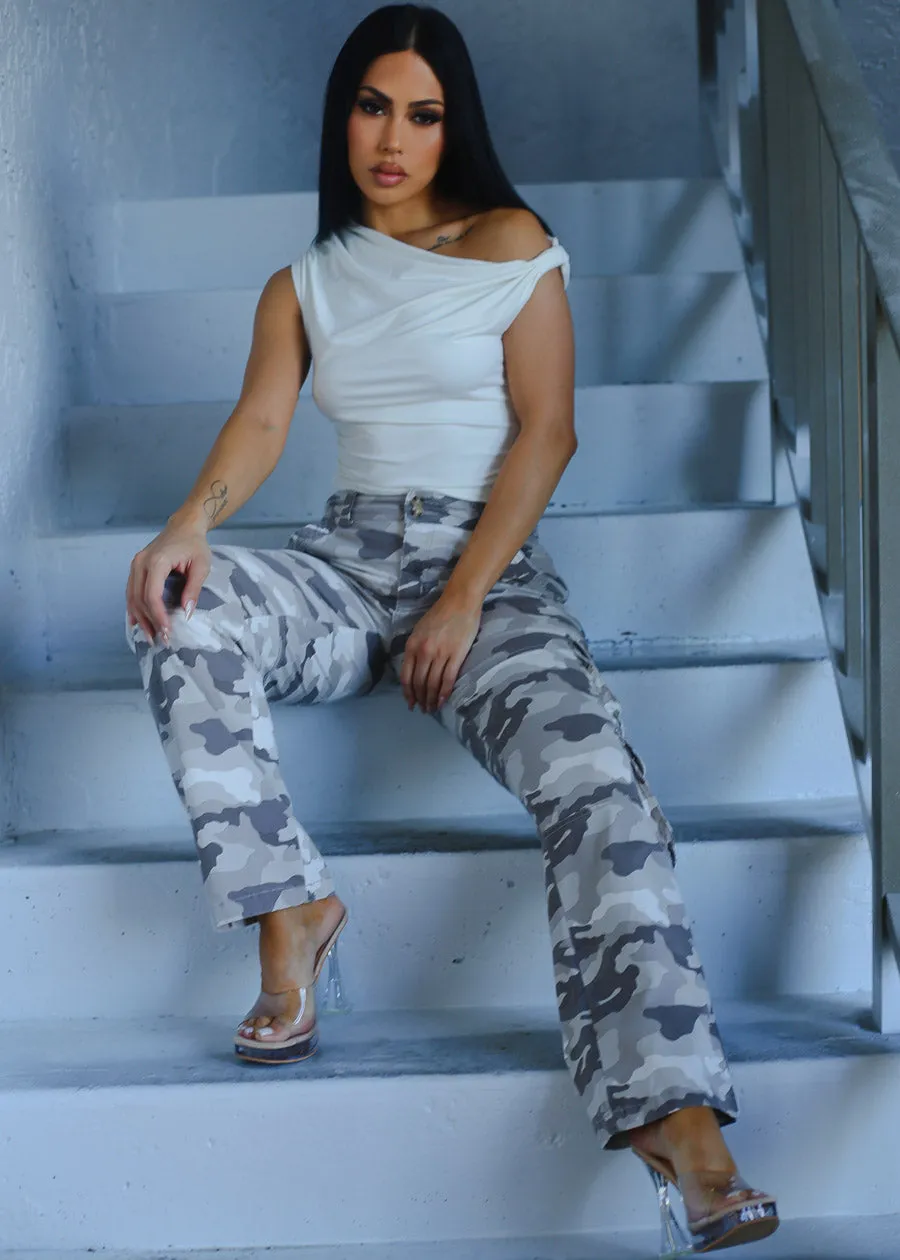 Butt Lift Straight Wide Leg Camo Cargo Jeans Grey sold by Moda product image thumbnail 2