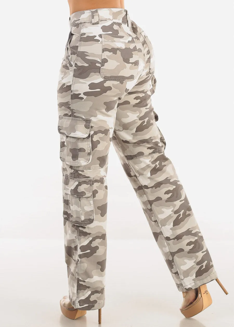 Butt Lift Straight Wide Leg Camo Cargo Jeans Grey sold by Moda