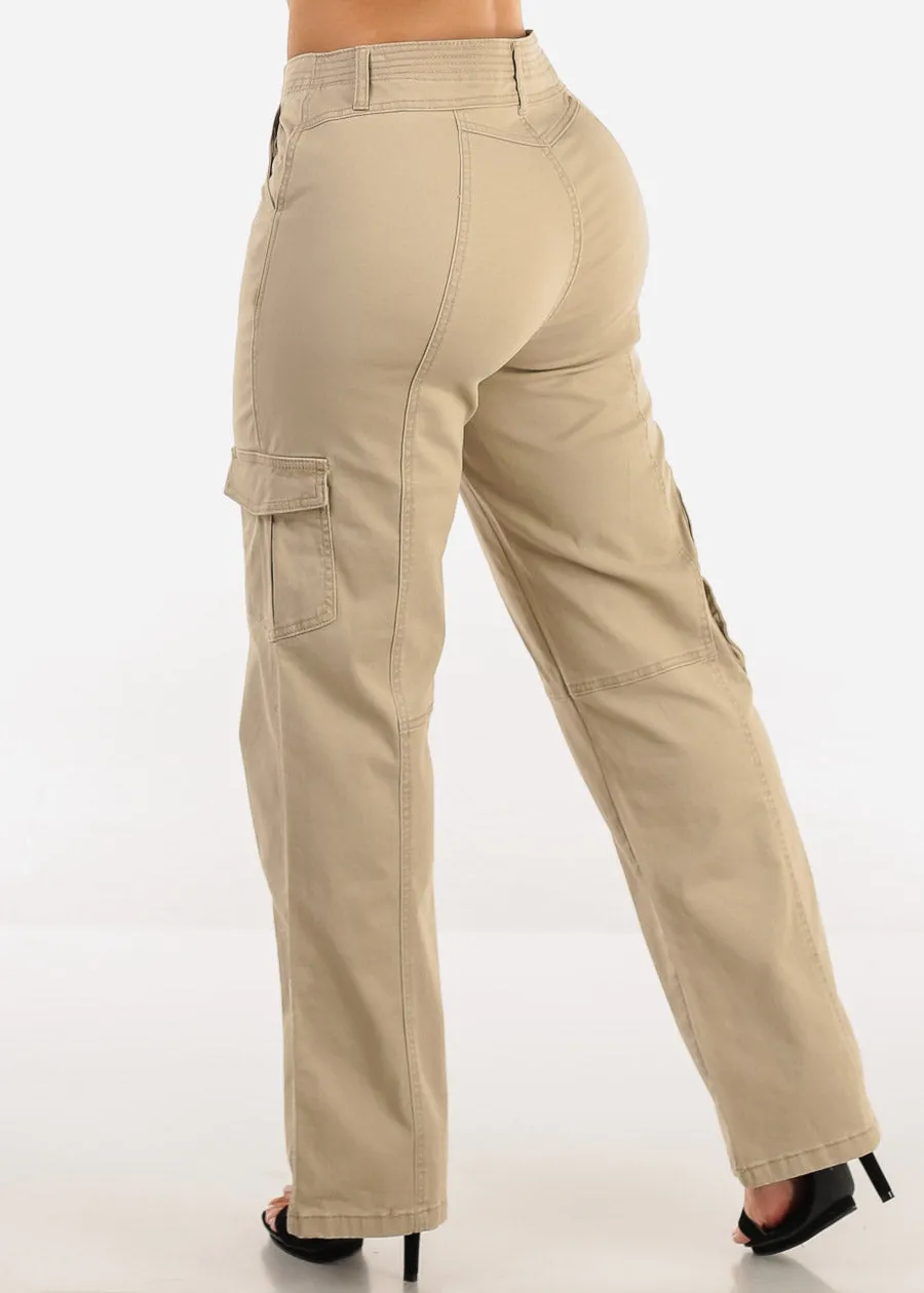 Super High Waist Straight Wide Leg Cargo Jeans Light Khaki sold by Moda product image thumbnail 4