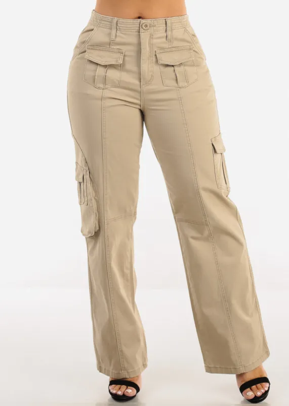 Super High Waist Straight Wide Leg Cargo Jeans Light Khaki sold by Moda