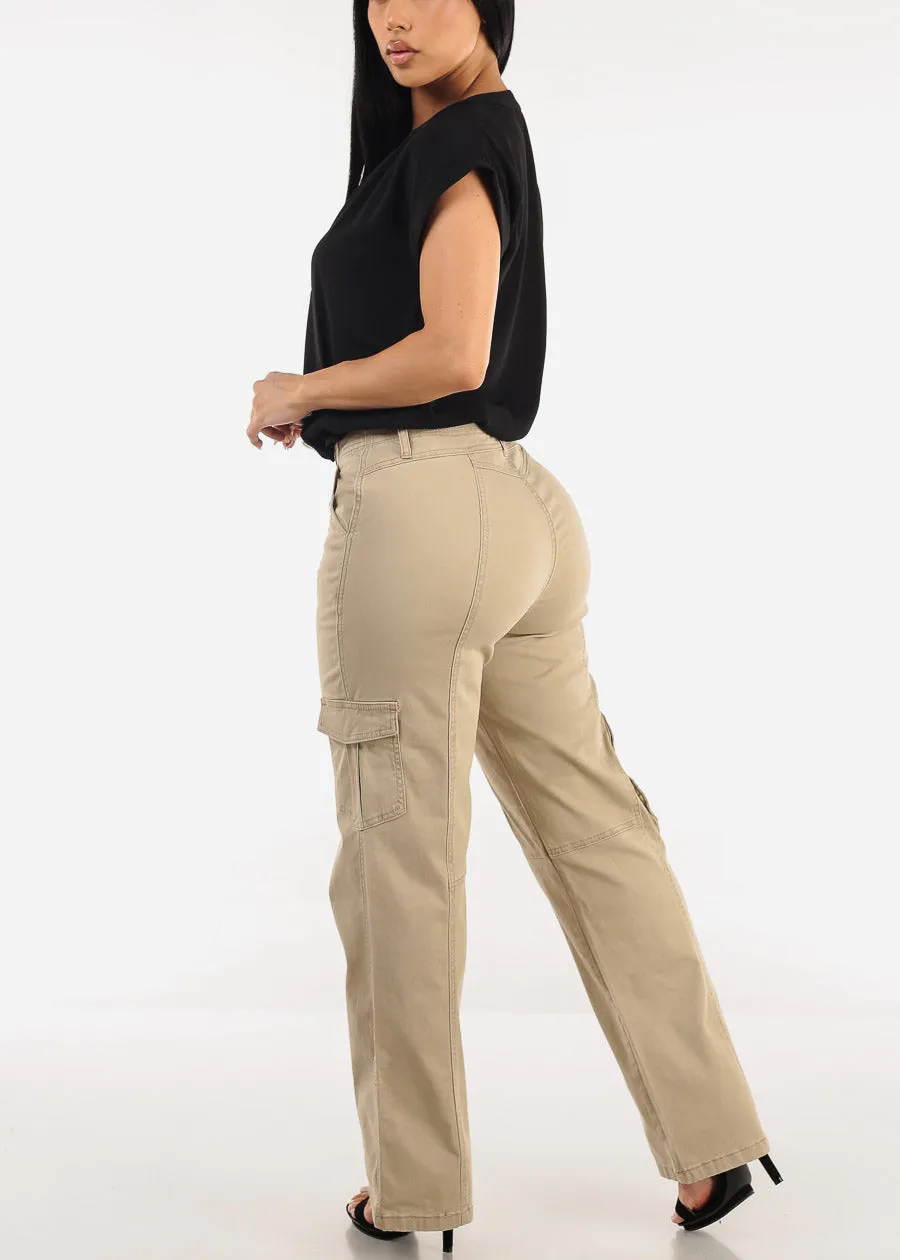 Super High Waist Straight Wide Leg Cargo Jeans Light Khaki sold by Moda product image thumbnail 5