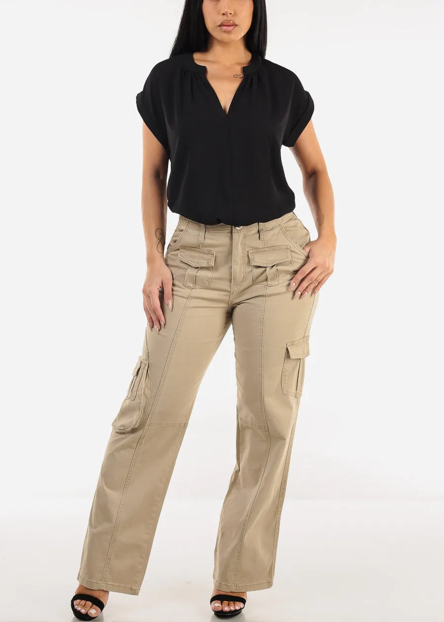 Super High Waist Straight Wide Leg Cargo Jeans Light Khaki sold by Moda product image thumbnail 2