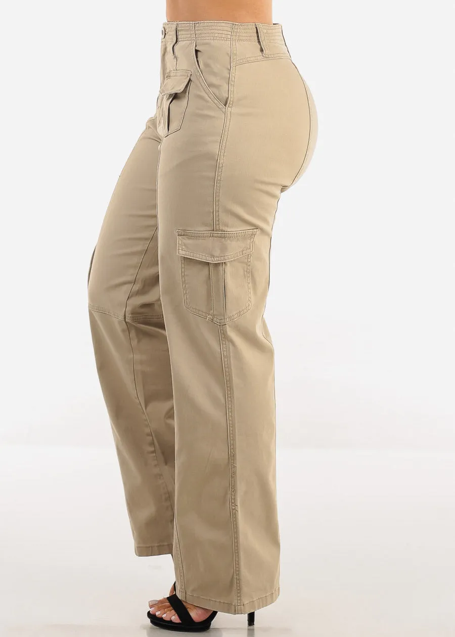 Super High Waist Straight Wide Leg Cargo Jeans Light Khaki sold by Moda product image thumbnail 3