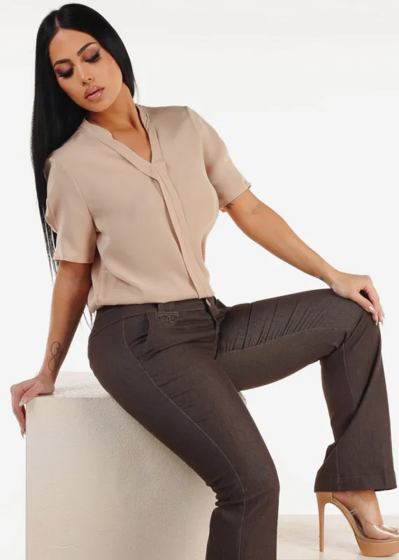 Short Sleeve V-Neck Blouse Khaki sold by Moda