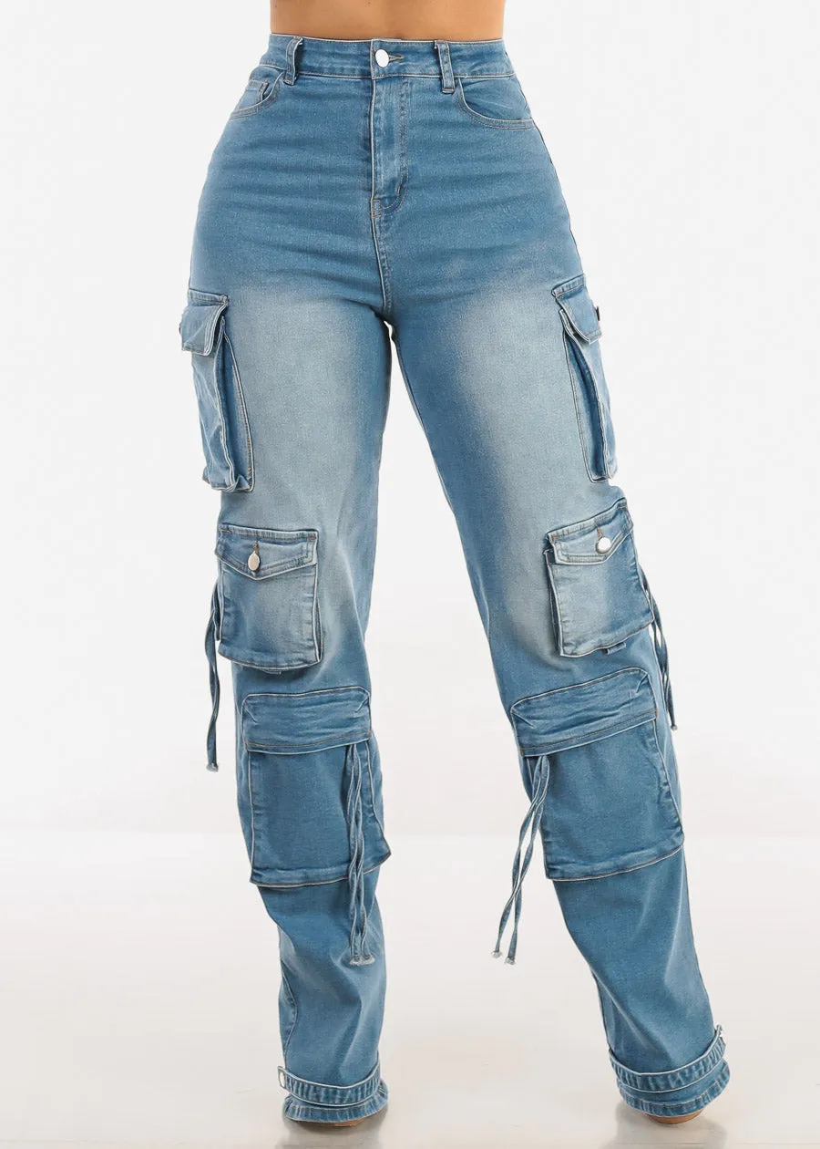 Super High Waist Med Wash Stretchy Cargo Jeans sold by Moda