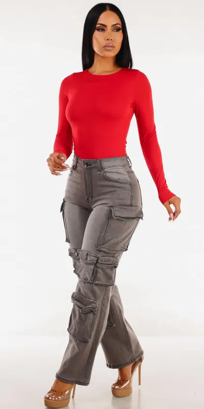 Red Stretch Cargo Jeans Look sold by Moda