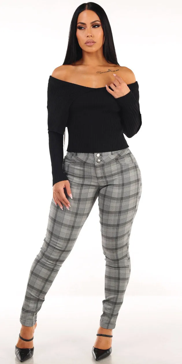 Off Shoulder Plaid Pants Look sold by Moda