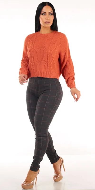 Rust Plaid Pants Outfit sold by Moda