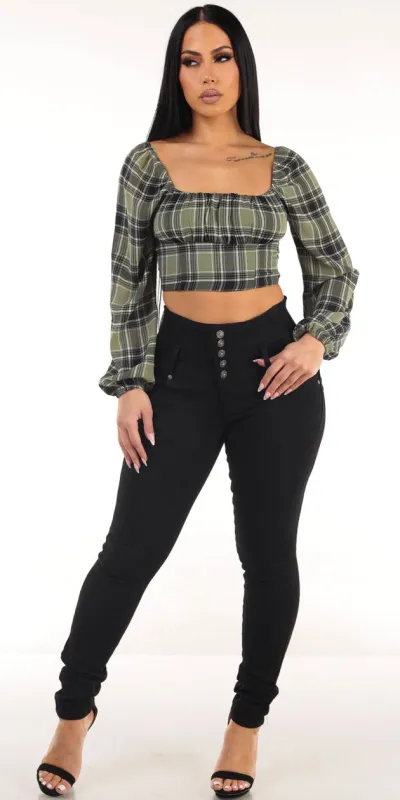 Plaid Butt Lift Denim Combo sold by Moda