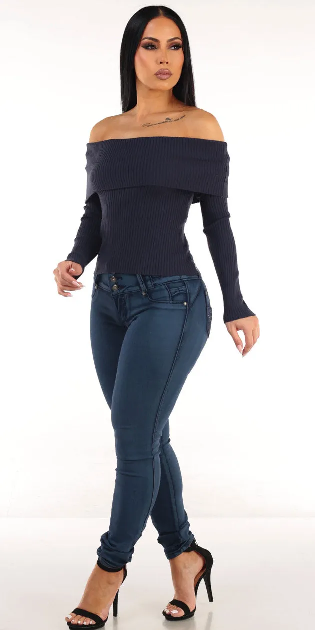 Navy Butt Lift Denim Look sold by Moda