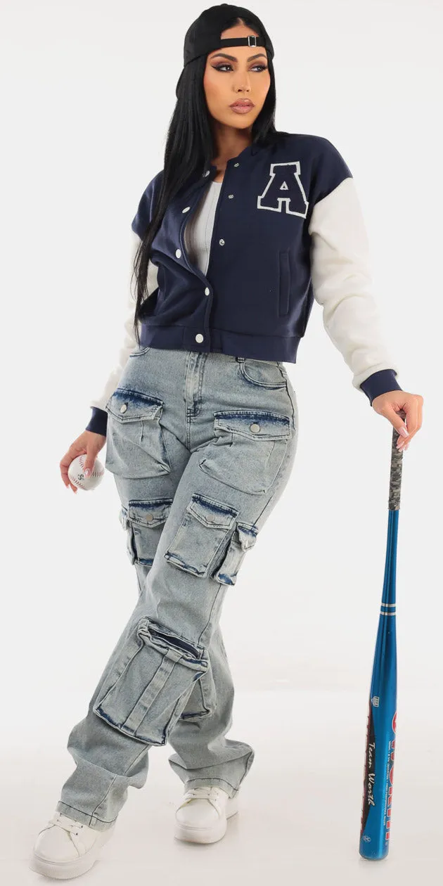 Navy Vneck Cargo Denim Trio sold by Moda