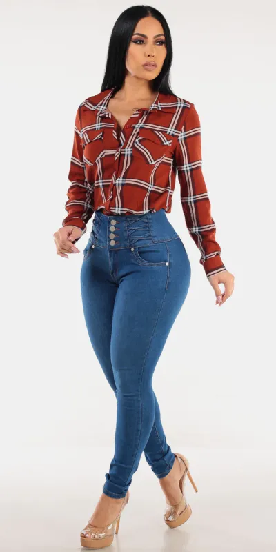 Plaid Butt Lift Denim Set sold by Moda