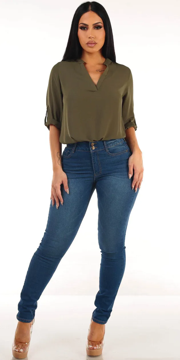 Olive Stretch Skinnies Outfit sold by Moda