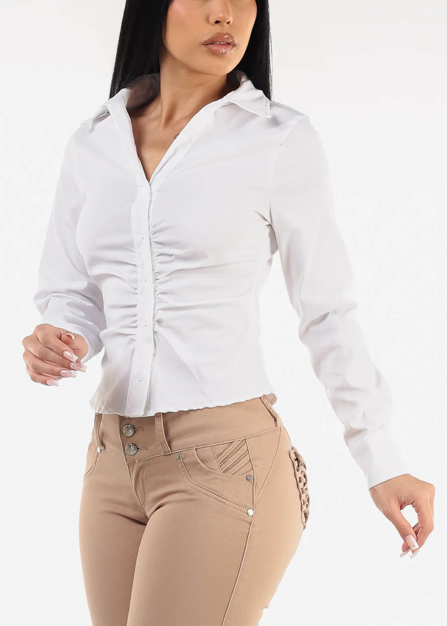 Ruched Long Sleeve White Collared Blouse sold by Moda