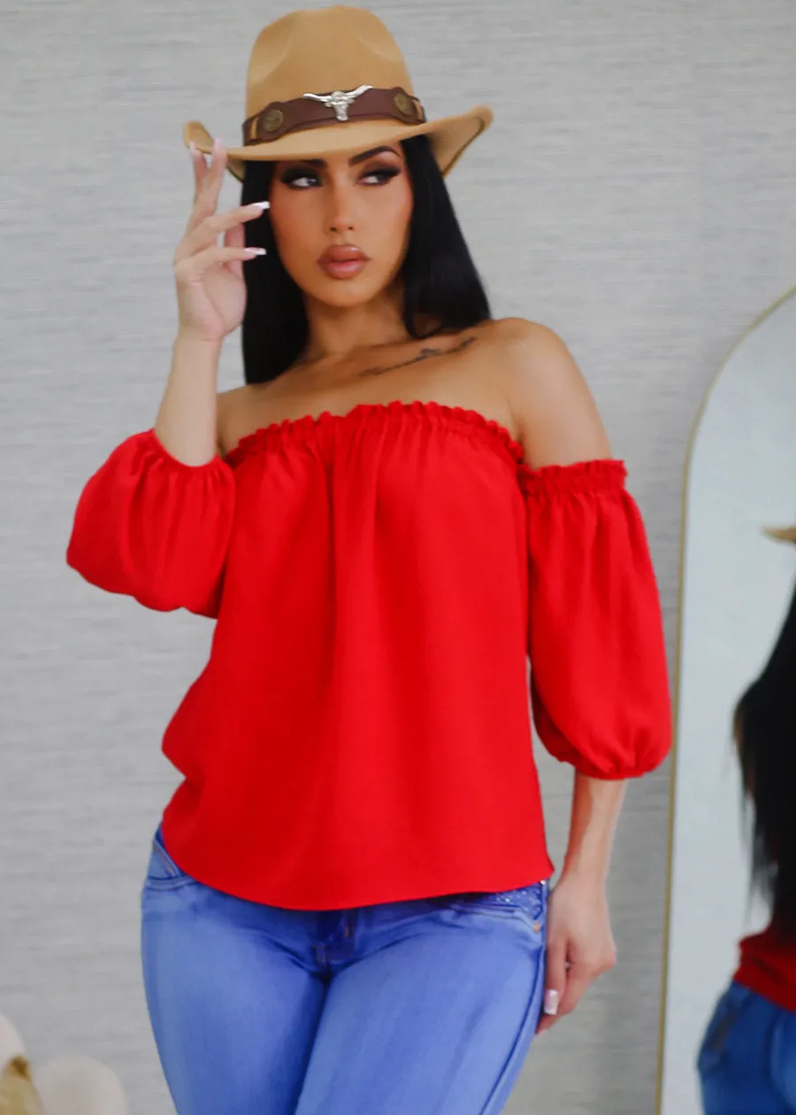 Red Off Shoulder Blouse sold by Moda