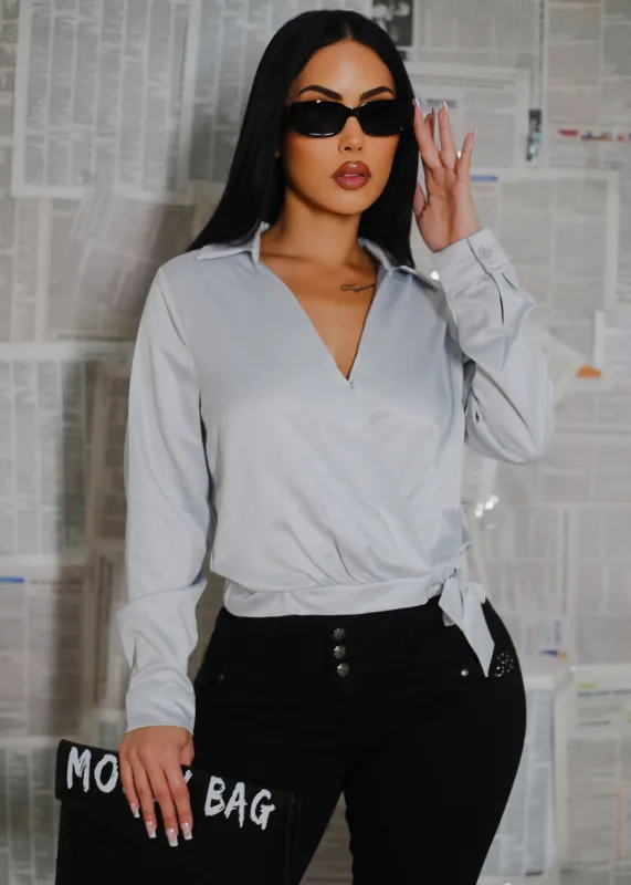 Long Sleeve Surplice Satin Blouse Light Grey sold by Moda