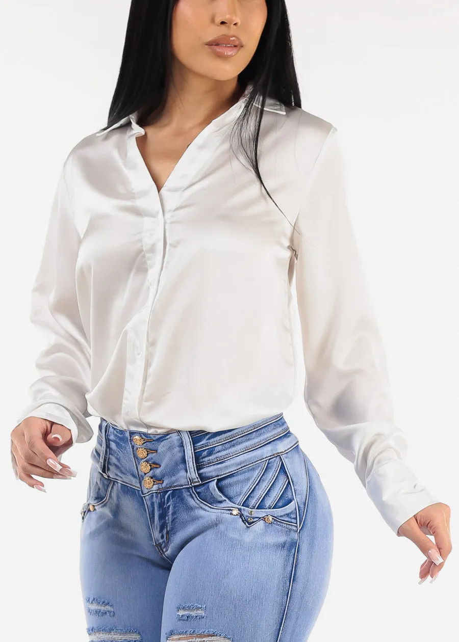 White Long Sleeve Button Down Satin Blouse sold by Moda product image thumbnail 3