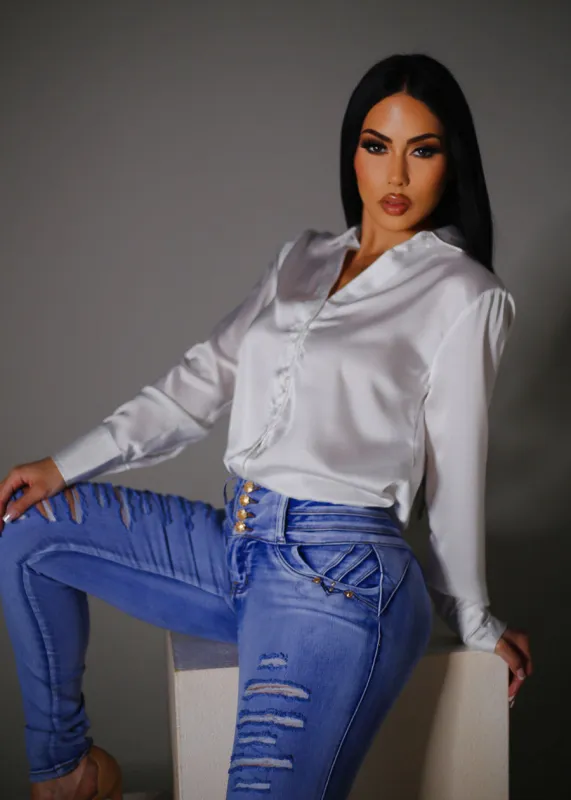 White Long Sleeve Button Down Satin Blouse sold by Moda