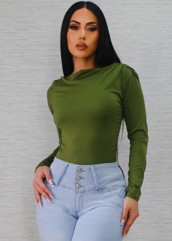 Ruched Long Sleeve Boat Neckline Top Olive sold by Moda