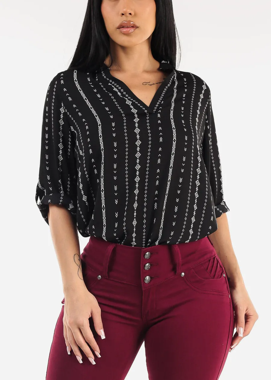 Quarter Sleeve Vneck Printed Blouse Black sold by Moda