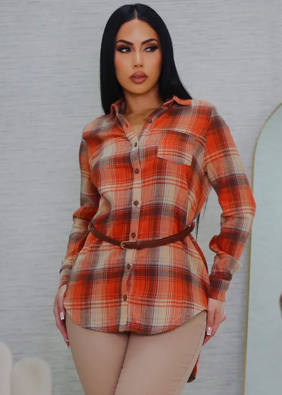 Long Sleeve Plaid Tunic Shirt Orange w Belt sold by Moda
