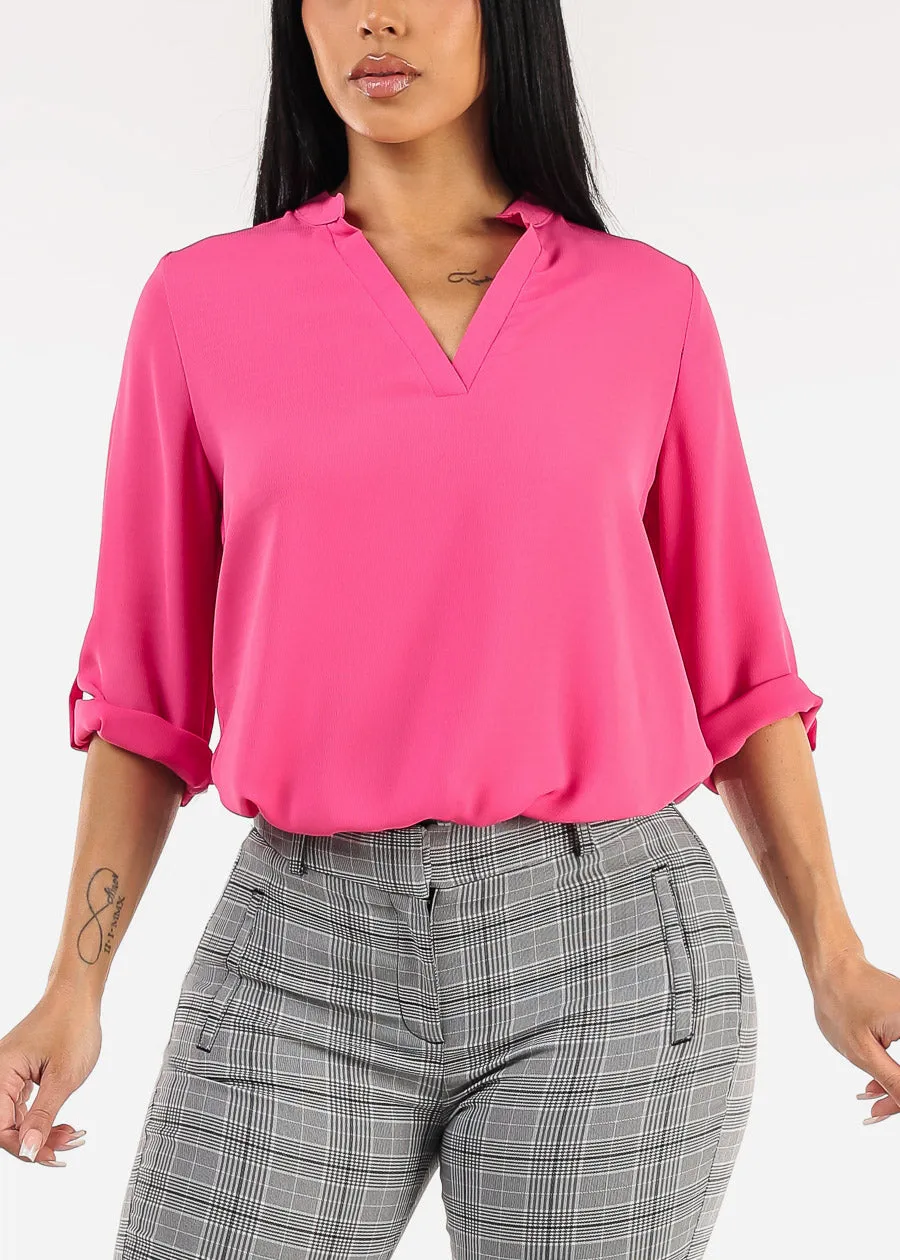 Quarter Sleeve V-Neck Blouse Fuchsia sold by Moda