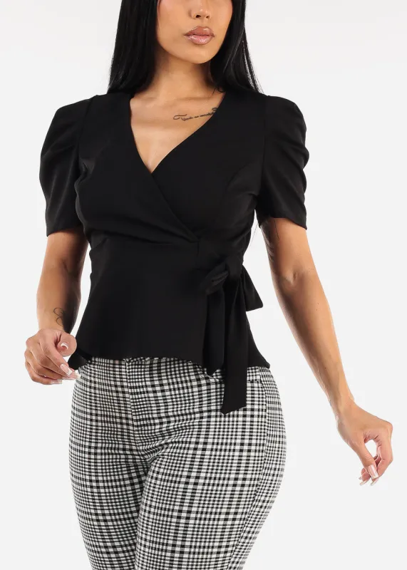 Black Short Sleeve Surplice Peplum Blouse sold by Moda