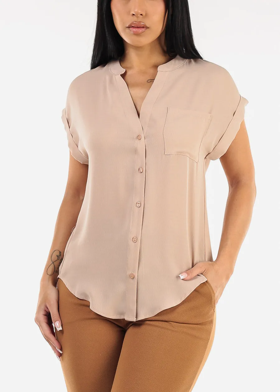 Short Sleeve Button Up Blouse Beige w Back Slit sold by Moda