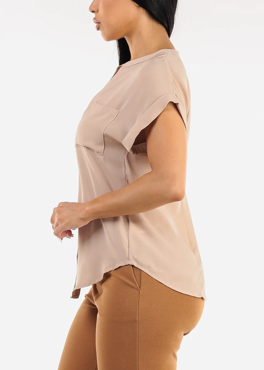 Short Sleeve Button Up Blouse Beige w Back Slit sold by Moda product image thumbnail 3