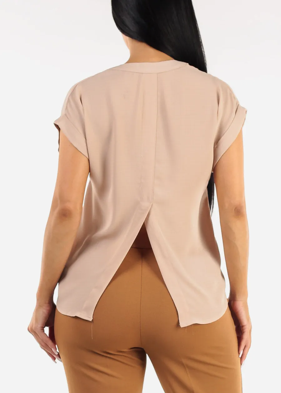 Short Sleeve Button Up Blouse Beige w Back Slit sold by Moda product image thumbnail 4