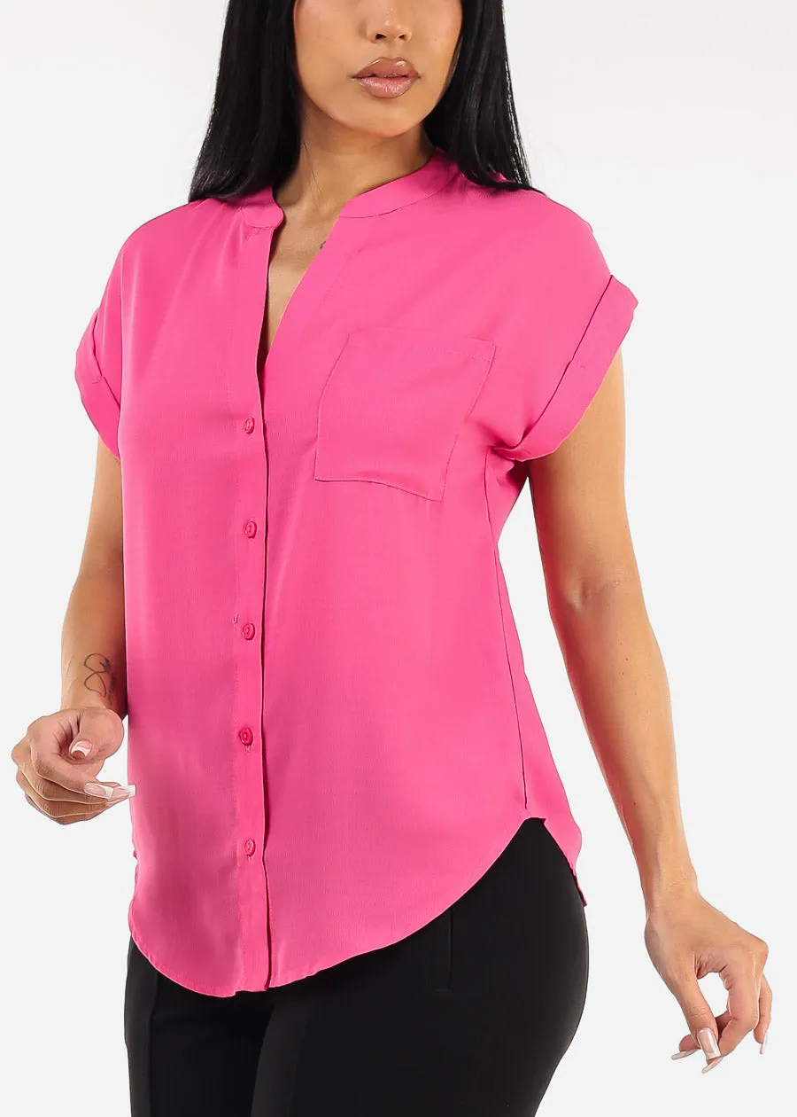 Short Sleeve Button Up Blouse Fuchsia w Back Slit sold by Moda