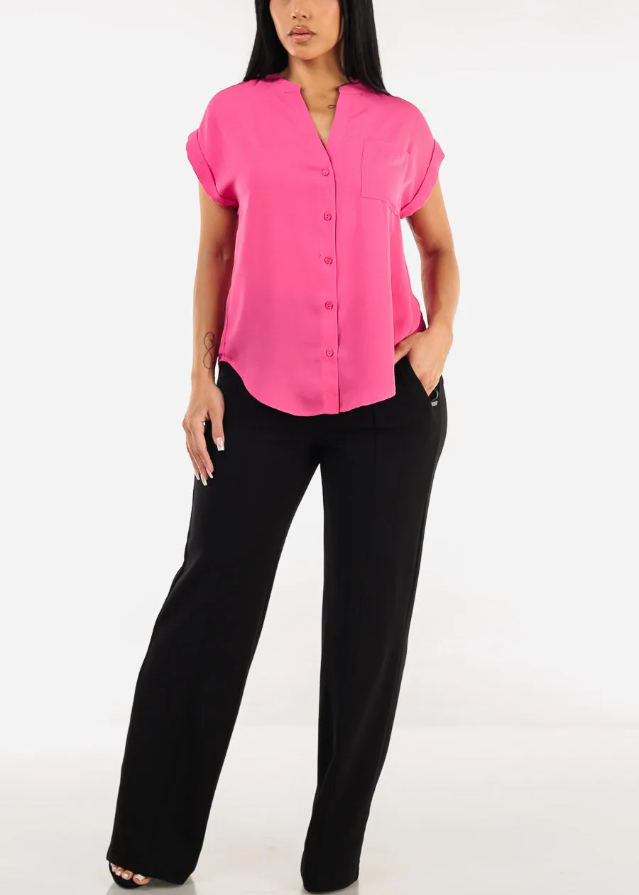 Short Sleeve Button Up Blouse Fuchsia w Back Slit sold by Moda product image thumbnail 2