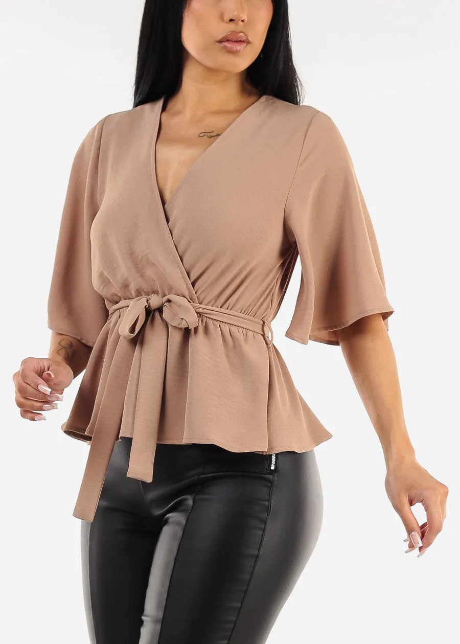 Short Sleeve Surplice Peplum Blouse Taupe sold by Moda product image thumbnail 3