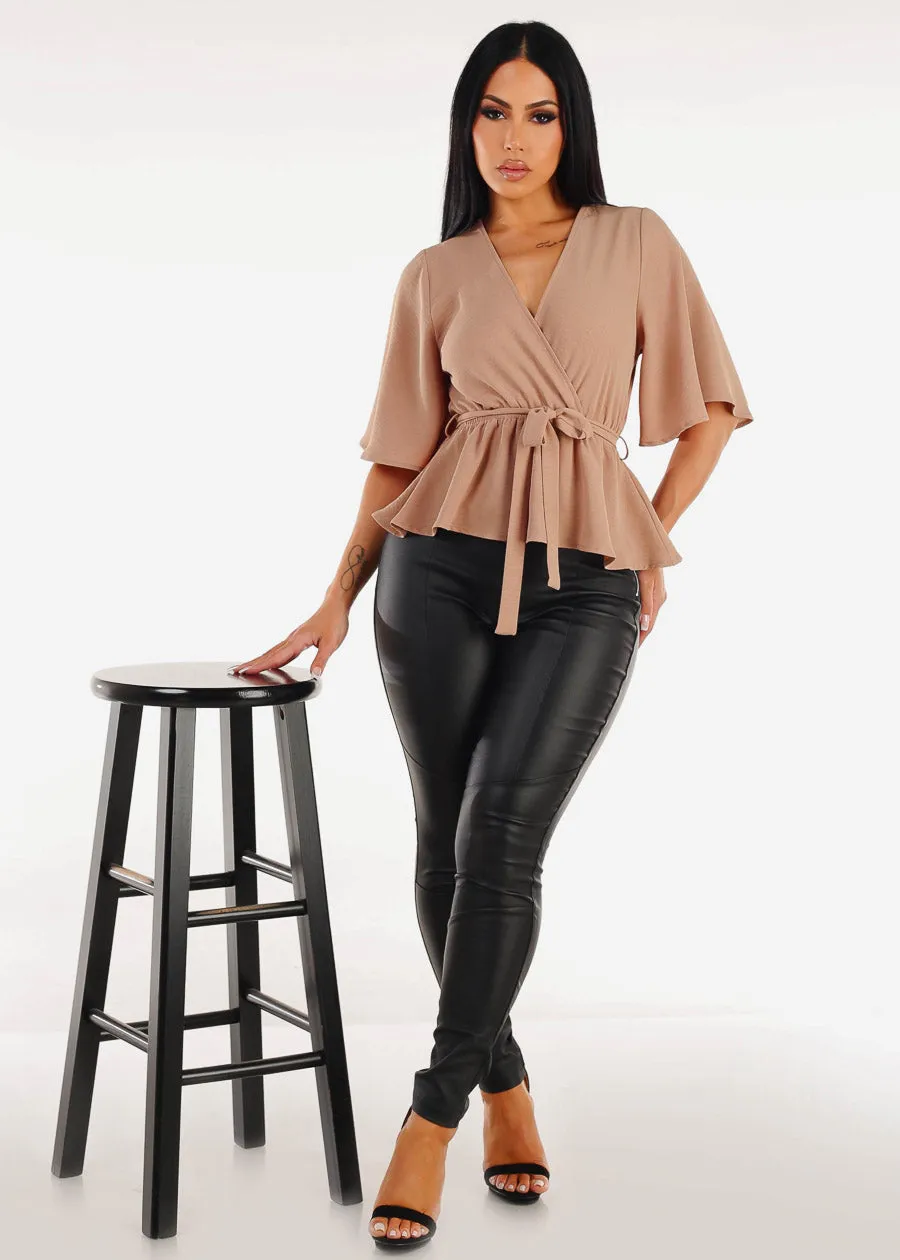 Short Sleeve Surplice Peplum Blouse Taupe sold by Moda product image thumbnail 2