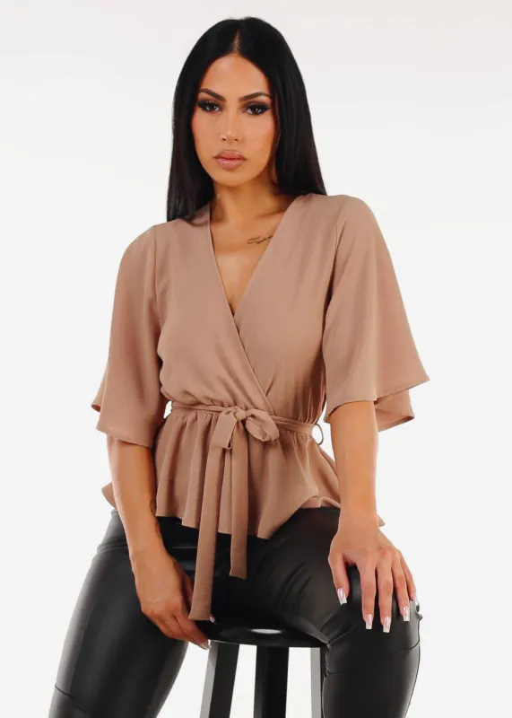 Short Sleeve Surplice Peplum Blouse Taupe sold by Moda
