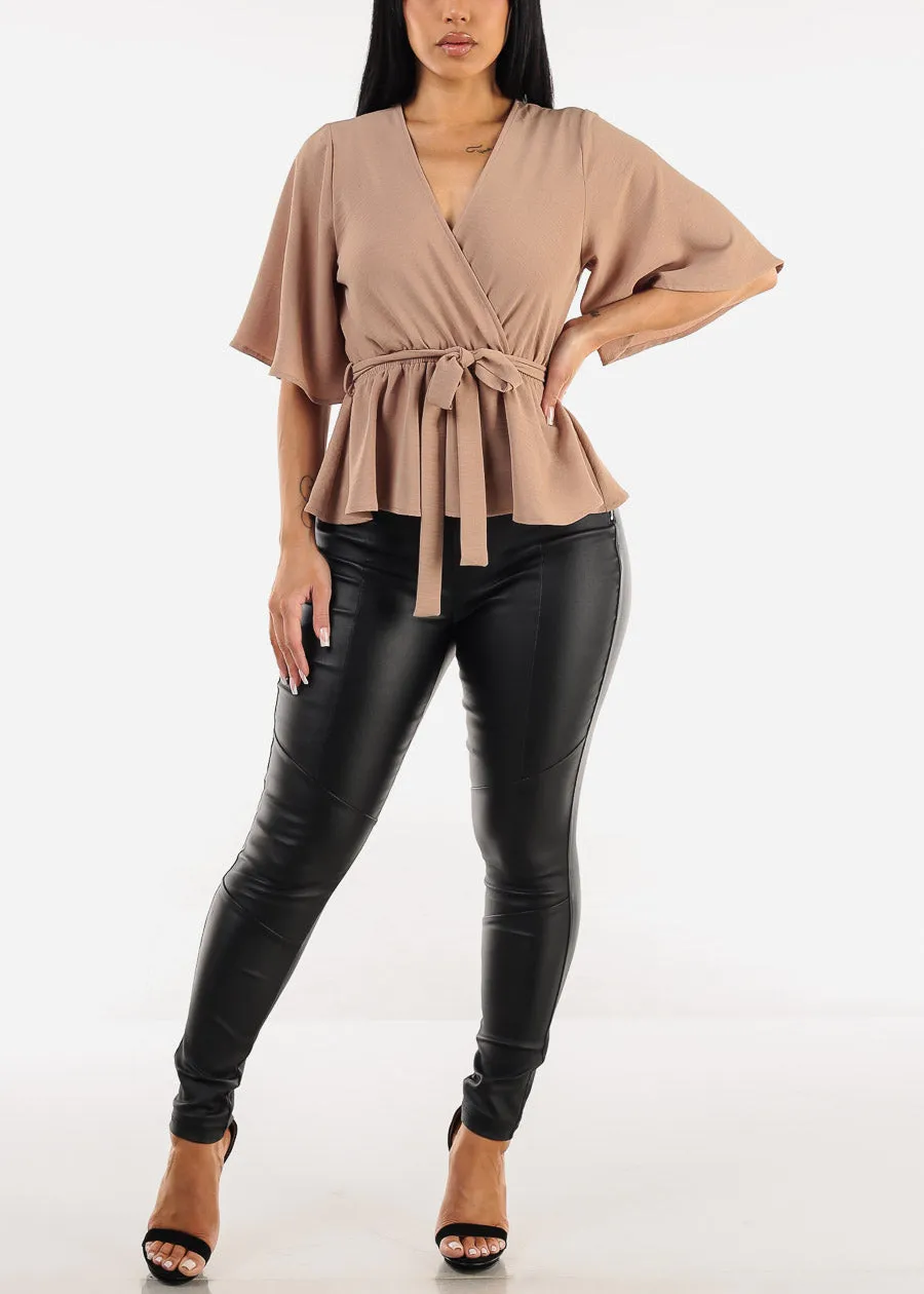 Short Sleeve Surplice Peplum Blouse Taupe sold by Moda product image thumbnail 4