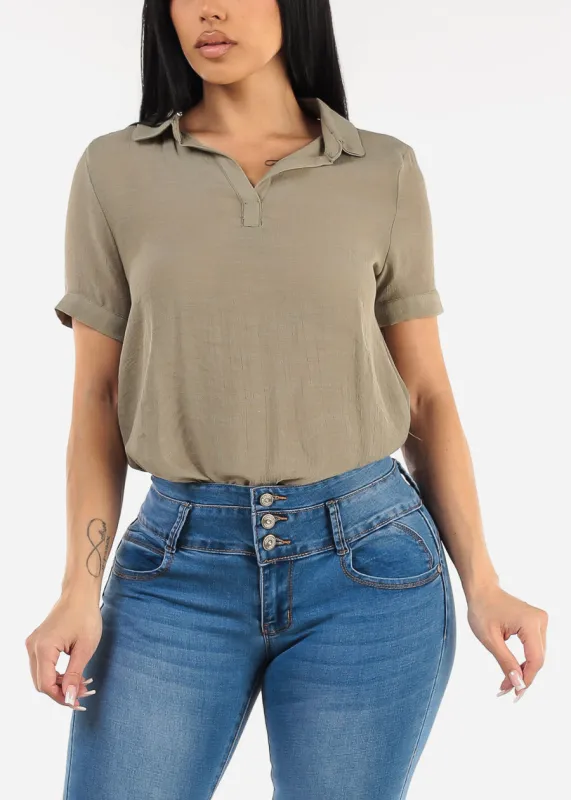 Casual Short Sleeve High Low Collared Top Light Olive sold by Moda