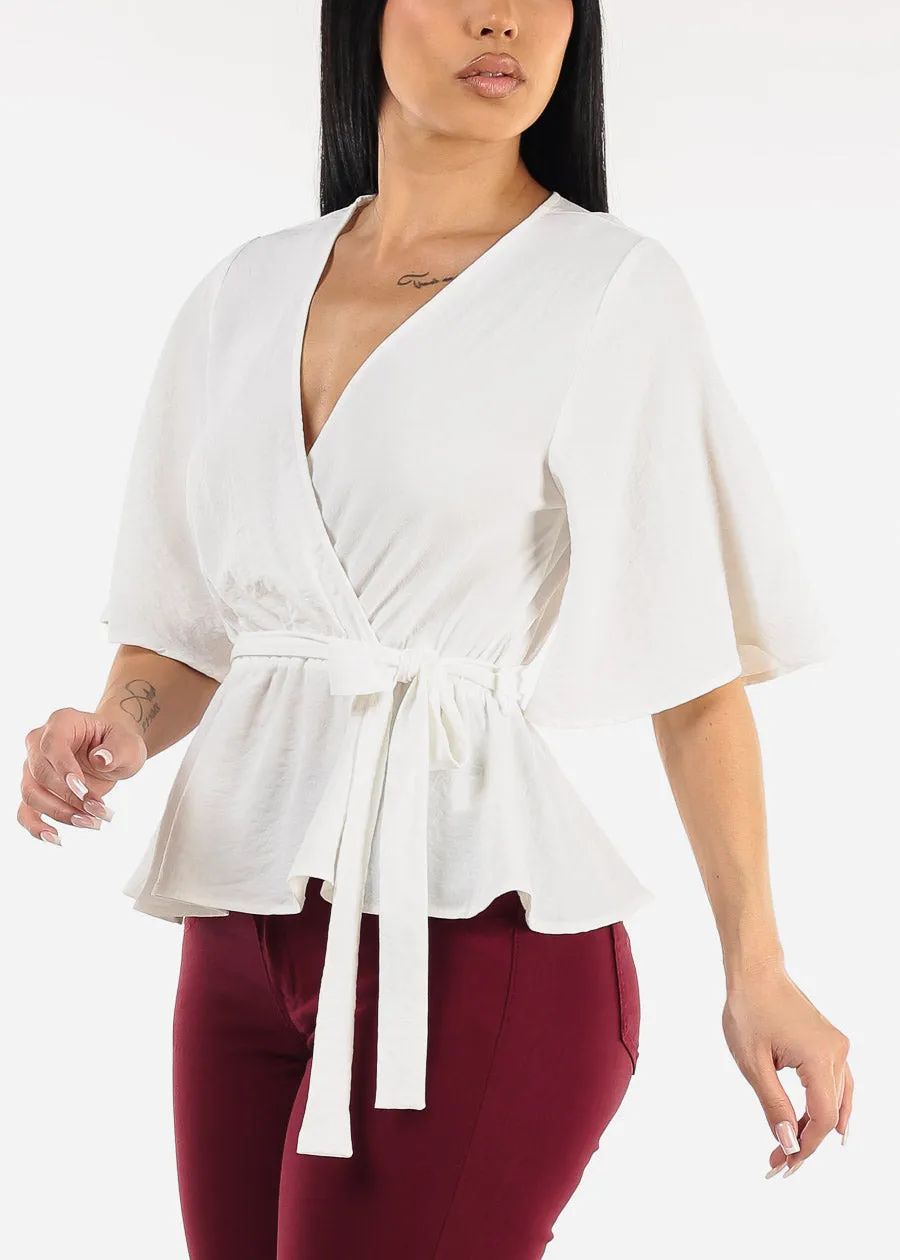 Short Sleeve Surplice Peplum Blouse White sold by Moda
