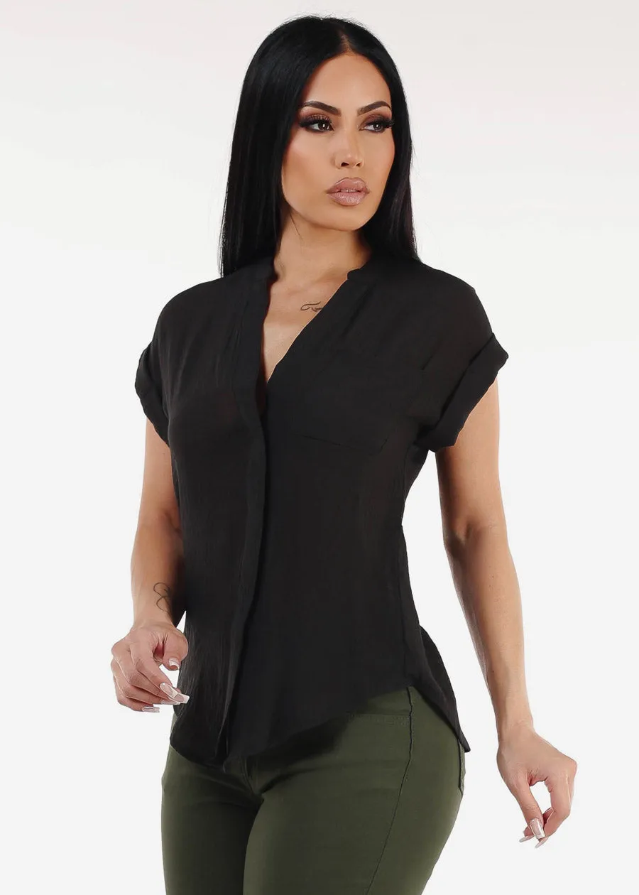 Casual Short Sleeve Button Up Shirt Black sold by Moda