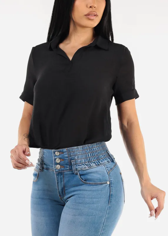 Casual Short Sleeve High Low Collared Top Black sold by Moda