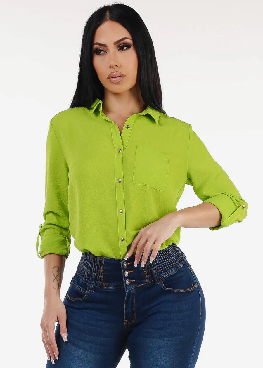 Long Sleeve Button Down Blouse Light Green sold by Moda
