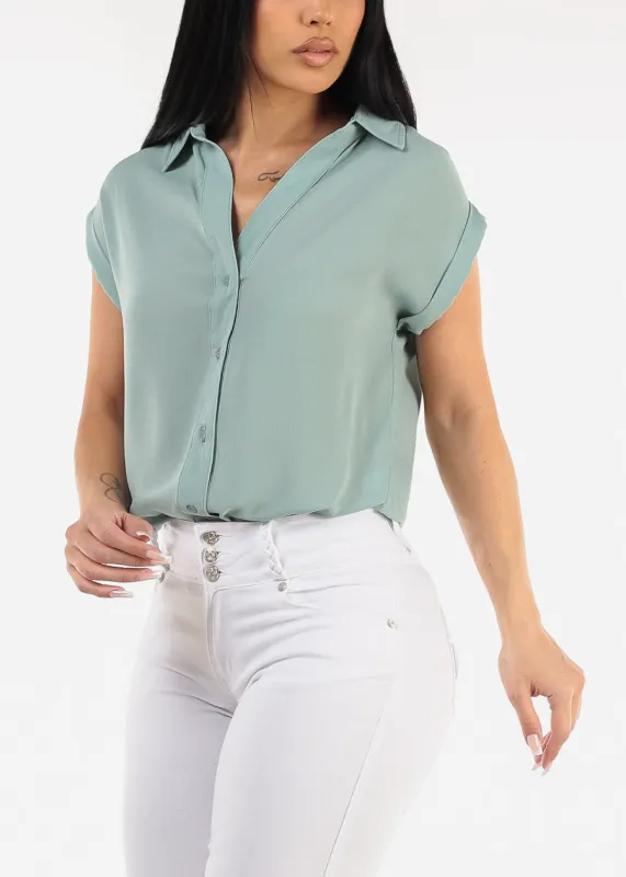 Casual Short Sleeve Button Up Shirt Sage sold by Moda