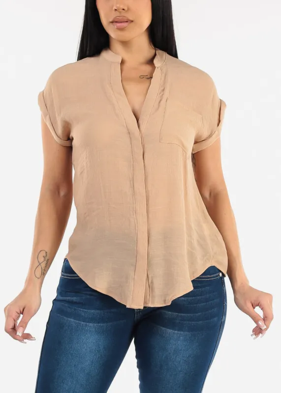 Casual Short Sleeve Button Up Shirt Khaki sold by Moda