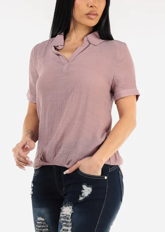 Casual Short Sleeve High Low Collared Top Light Mauve sold by Moda